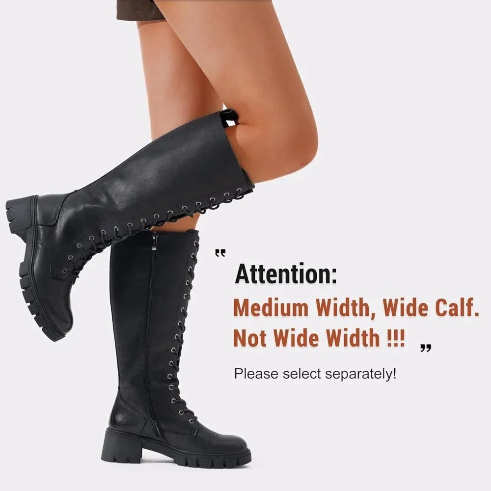 Women's Leather-black 953 Chunky Platform Heel Lace Knee High Combat Boots